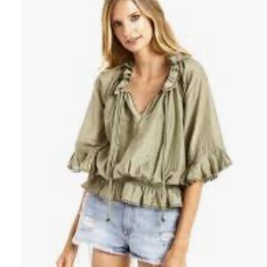 Secret Mission Angela Elegant Ruffled Women's Boho Silk Top in Sage Green SZ S